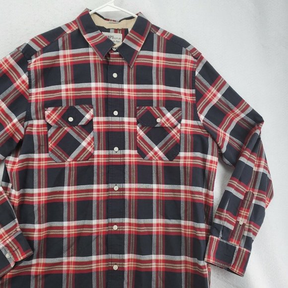 Chaps Men's Long Sleeve Casual Button Up Plaid Fitted Chest Pockets Red Large - Picture 6 of 12